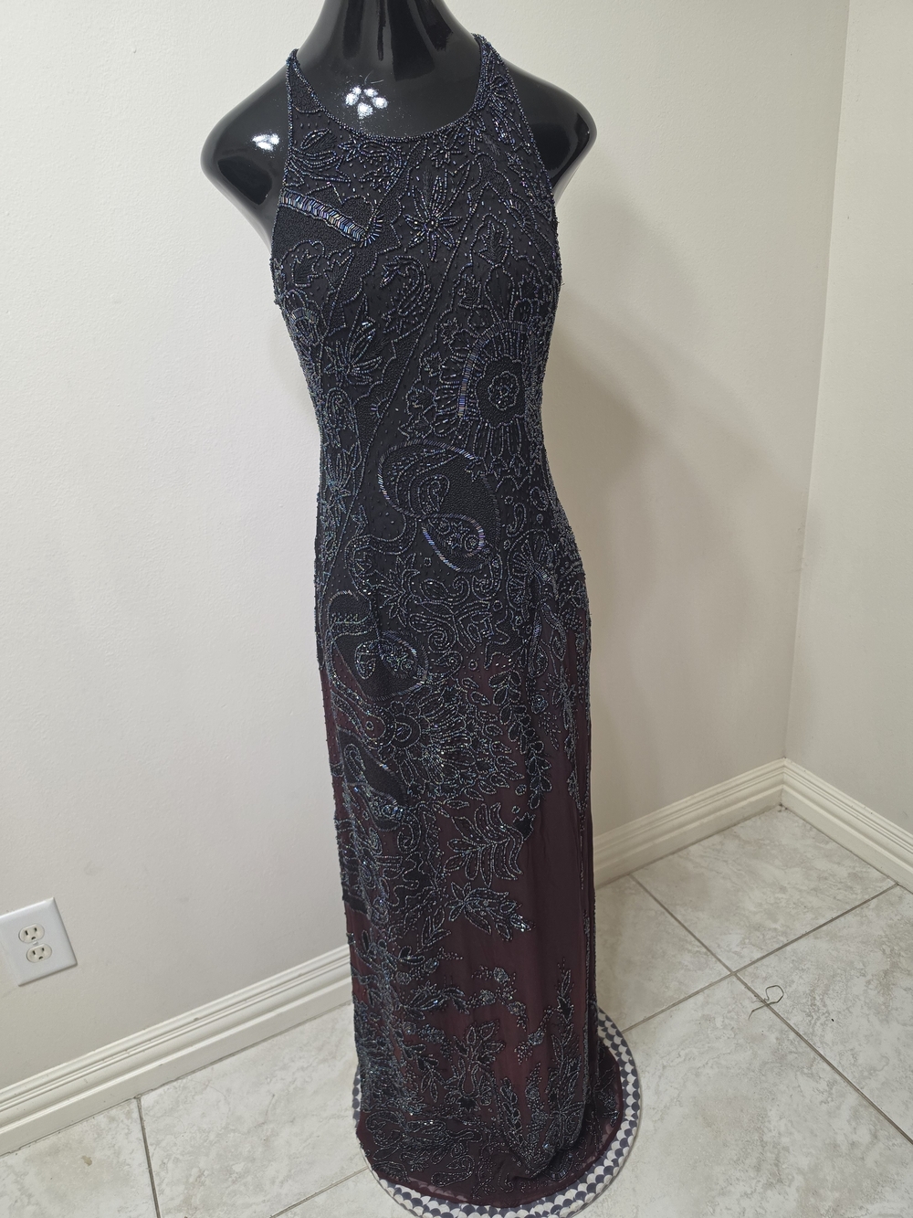Lawrence Kazer Beaded Halter Evening Gown - Deep Wine